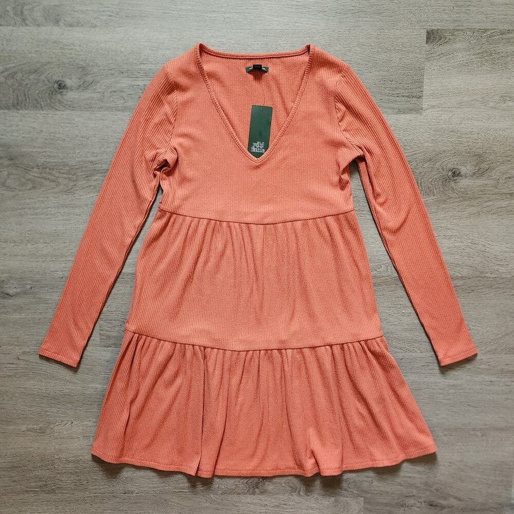 NWT Wild Fable Women's Ribbed Long Sleeve V-Neck Orange Mini Shift Dress Small S